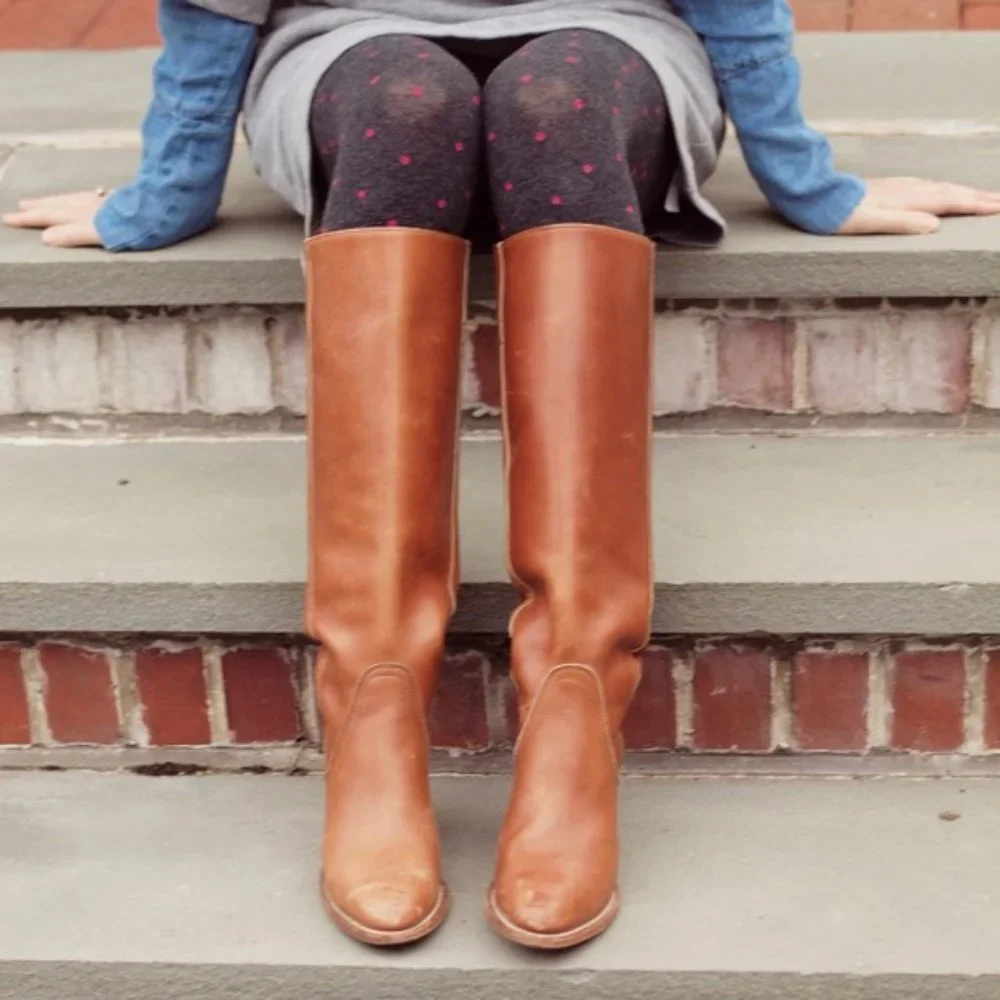 VINTAGE 1970s Frye Campus Leather Red-Brown Real Leather Braided Knee High Boot - Picture 4 of 16